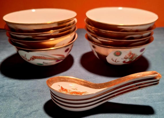 Jing De Zhen Chinese Porcelain Rice Bowl Set, Dragon & Phoenix, Gold Trim