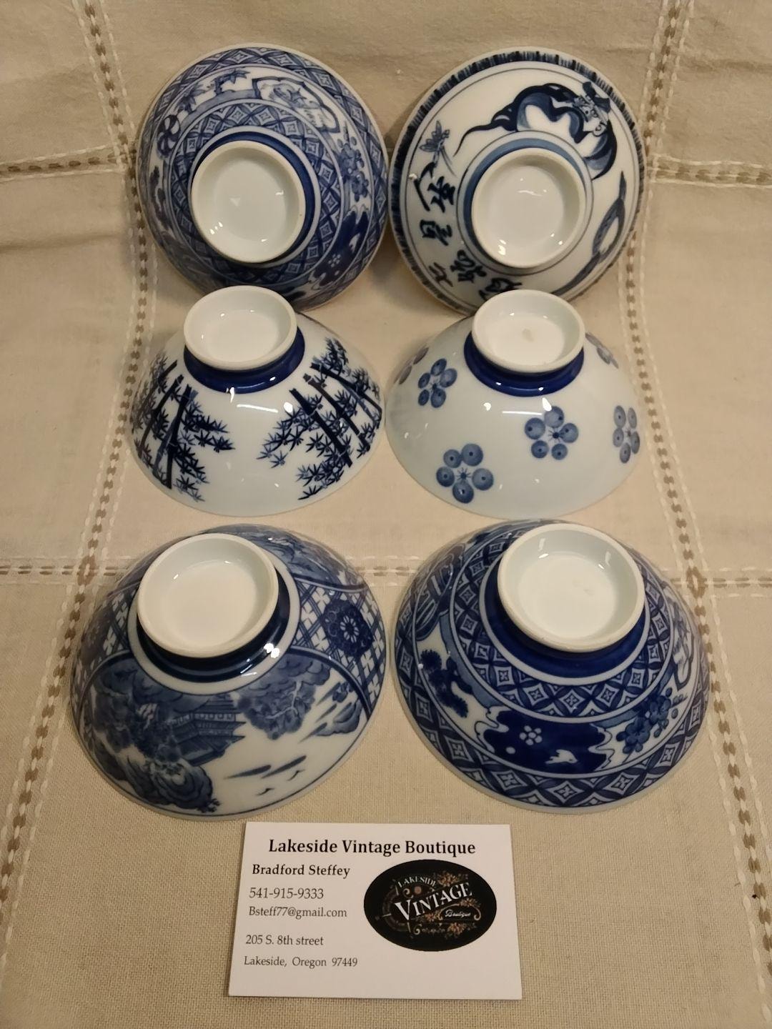 Vintage Japanese Blue White Porcelain Rice Bowls Set of 6 – 1960s