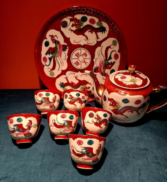 1940 Red dragon and Phoenix Chinese porcelain 8 piece tea set