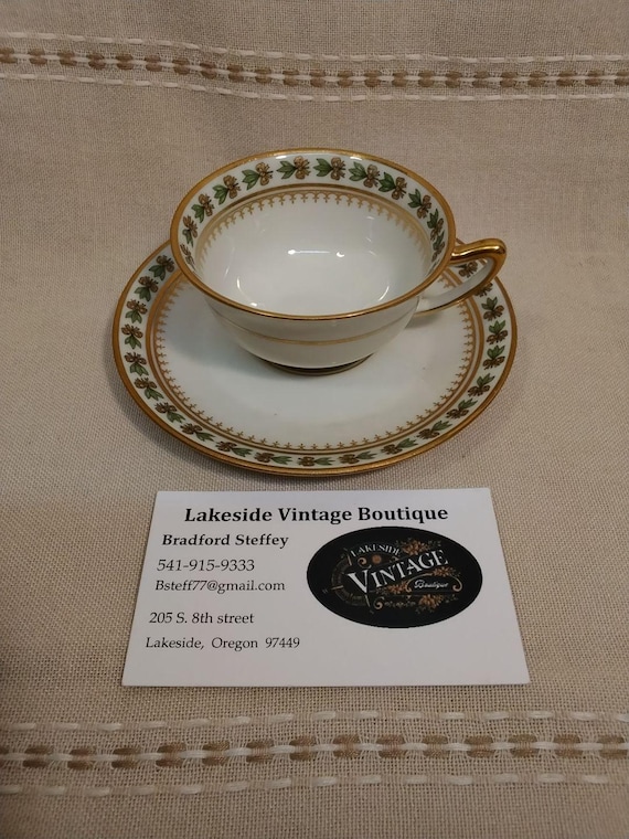Vintage Limoges Teacup and Saucer Set: Charles Martin Laurel Gold Bows