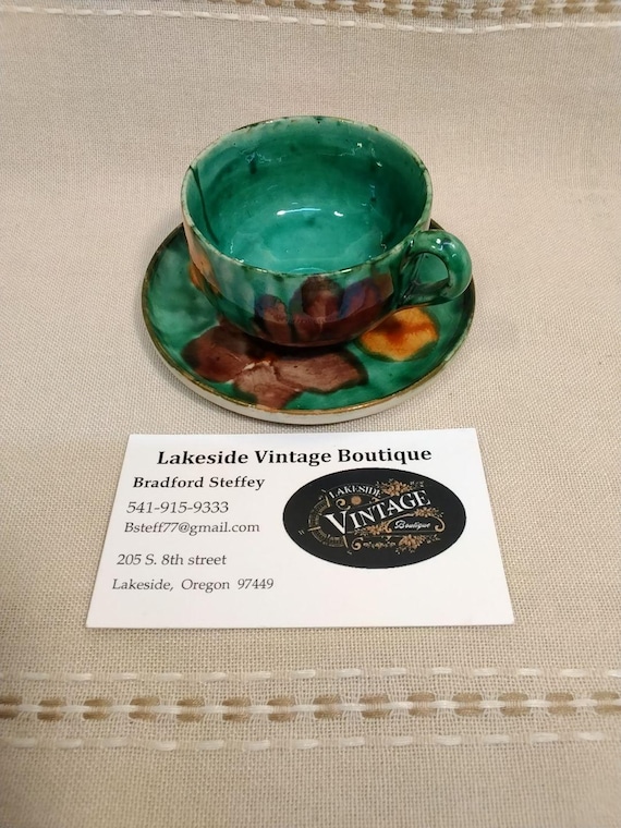 Vintage Oaxacac Dripware Demitasse Cup Saucer Set, Green Floral Pottery