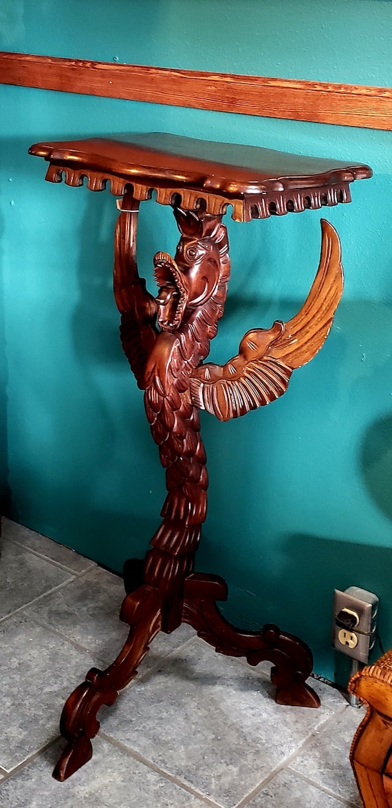 Dragon Feng Shui, Phoenix heavily carved mahogany Chinese side table.