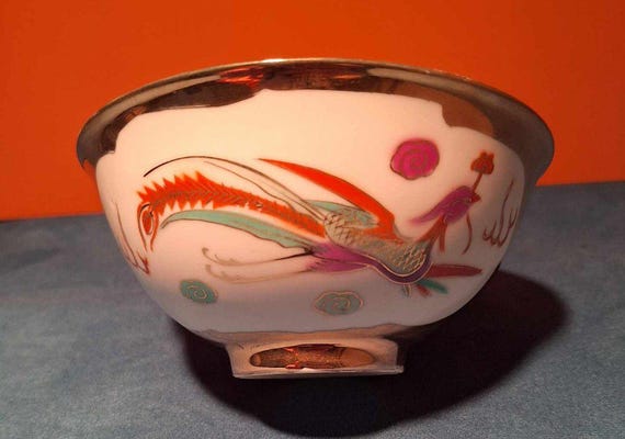 Antique  Porcelain Chinese Rice Bowl Set W/ Dragon & Phoenix Design Handpainted W/ Real Gold Trim.