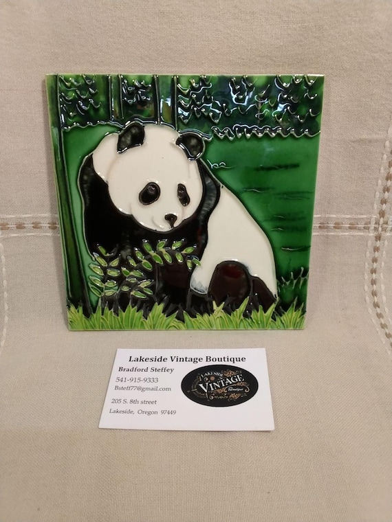 Hand-Painted Ceramic Panda Bear Tile, Raised Relief Bamboo Forest Wall Art, Coaster