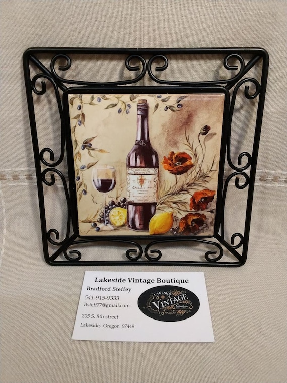 Hand-Painted Vineyard Ceramic Tile Wall Hanging with Wrought Iron Scrollwork Border