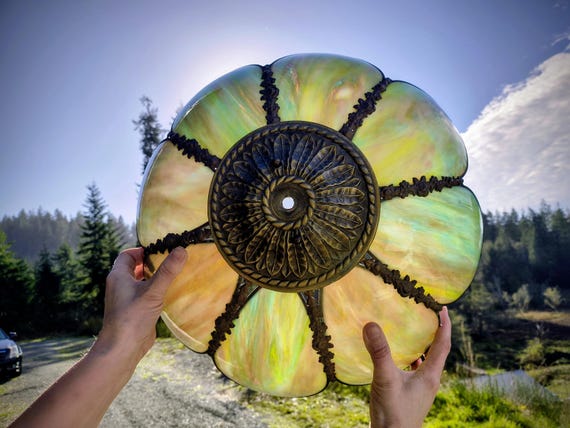 Green Slag glass pedestal lamp Brass base.