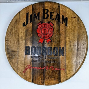 Engraved logo bourbon barrel head lazy susan, tray, or wall art