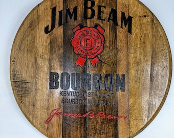 Engraved logo bourbon barrel head lazy susan, tray, or wall art