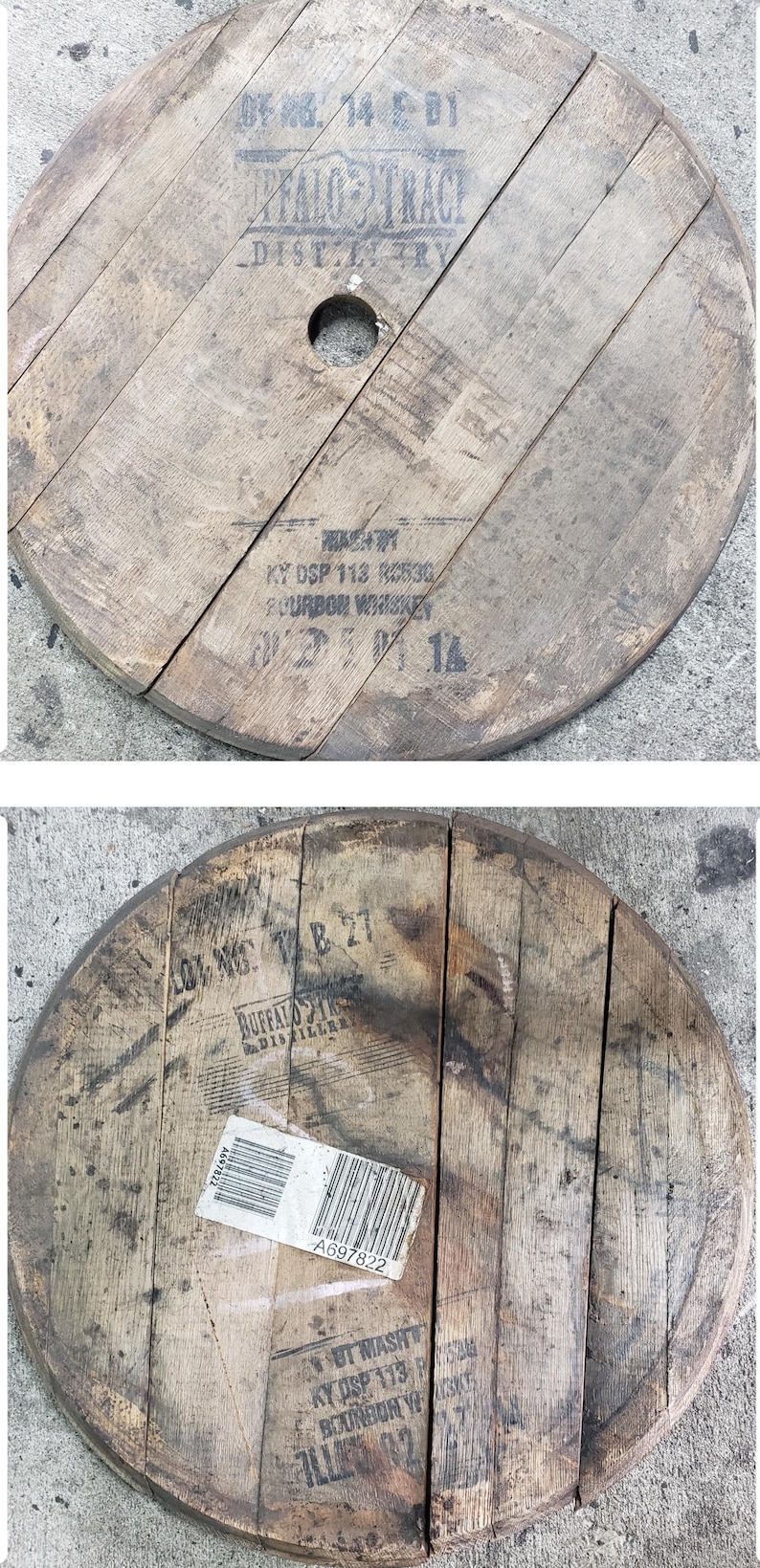 May include: Two wooden barrel heads with markings from Buffalo Trace Distillery. The top head has the text "Buffalo Trace Distillery" and "KY DSP 113 K0530 BOURBON WHISKEY 01 21 14". The bottom head has the text "Buffalo Trace Distillery" and "UT MASH KY DSP 113 K0530 BOURBON WHISKEY ALLE 02 14".
