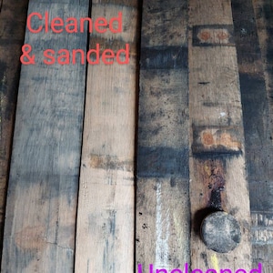 May include: Close-up of two wood planks, one cleaned and sanded, the other uncleaned. The cleaned plank is light brown with a smooth surface. The uncleaned plank is dark brown with a rough surface. The text "Cleaned & sanded" is written on the cleaned plank. The text "Uncleaned" is written on the uncleaned plank.