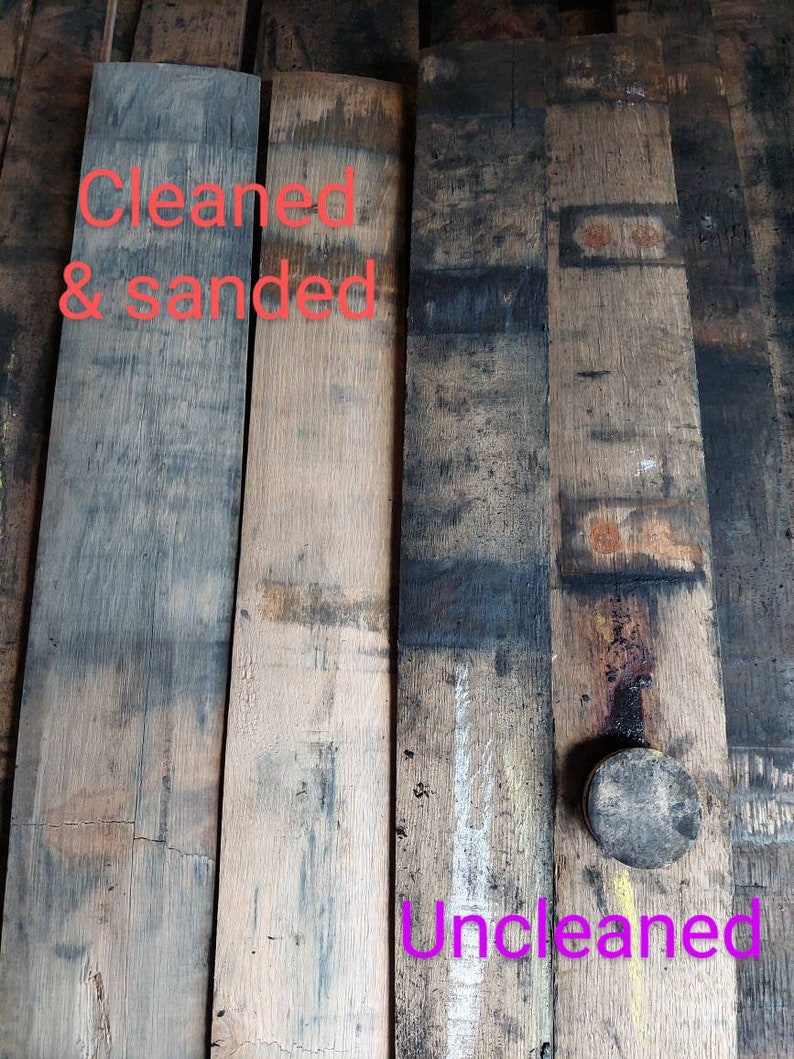 May include: Close-up of two wood planks, one cleaned and sanded, the other uncleaned. The cleaned plank is light brown with a smooth surface. The uncleaned plank is dark brown with a rough surface. The text "Cleaned & sanded" is written on the cleaned plank. The text "Uncleaned" is written on the uncleaned plank.