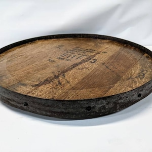 Rustic Bourbon Barrel Top Lazy Susan and metal ring detail