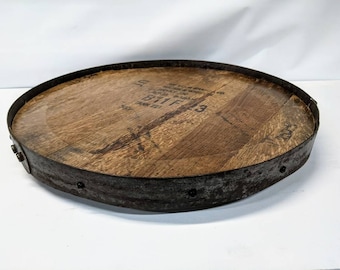 Rustic Bourbon Barrel Top Lazy Susan and metal ring detail