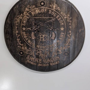 engraved color barrel top, bourbon barrel tray, lazy susan, wall art