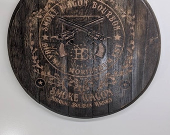engraved color barrel top, bourbon barrel tray, lazy susan, wall art