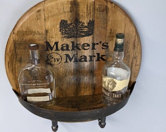 Pipe and barrel top shelf with engraved logo, bourbon barrel shelf, bottle display shelf