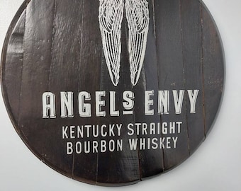 Black stain engraved logo bourbon barrel top, bourbon barrel tray, lazy susan, wall art