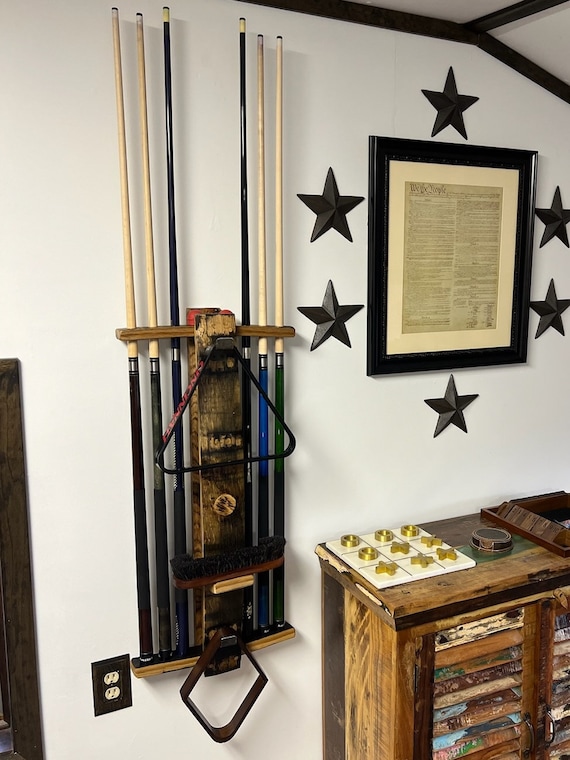 Bourbon Barrel Stave Pool Cue Rack: Rustic Billiard Shelf