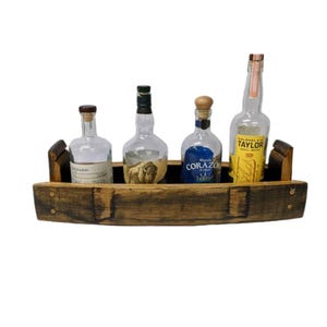 Bourbon barrel bottle display, bottle display, whiskey bottle tray