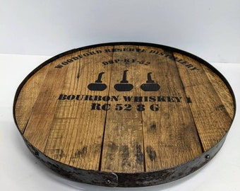 engraved bourbon barrel top lazy susan with metal ring,