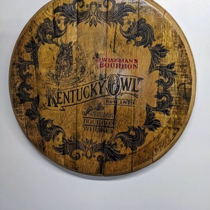 Custom engraved barrel top, bourbon barrel tray, lazy susan, wall art