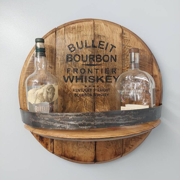 Bourbon barrel shelf with engraved logo