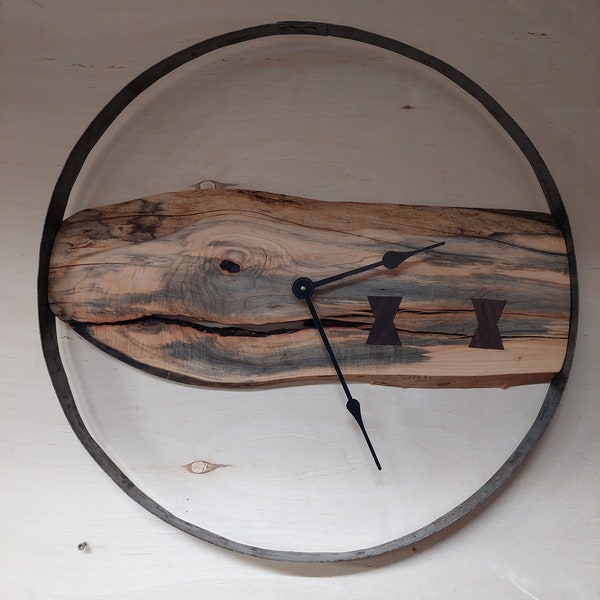 Wall clock,  whiskey barrel ring art, walnut live edge wall art, live edge clock