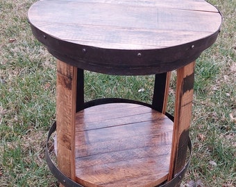 Bourbon Barrel End Table, Full Round, Rustic Man Cave Decor