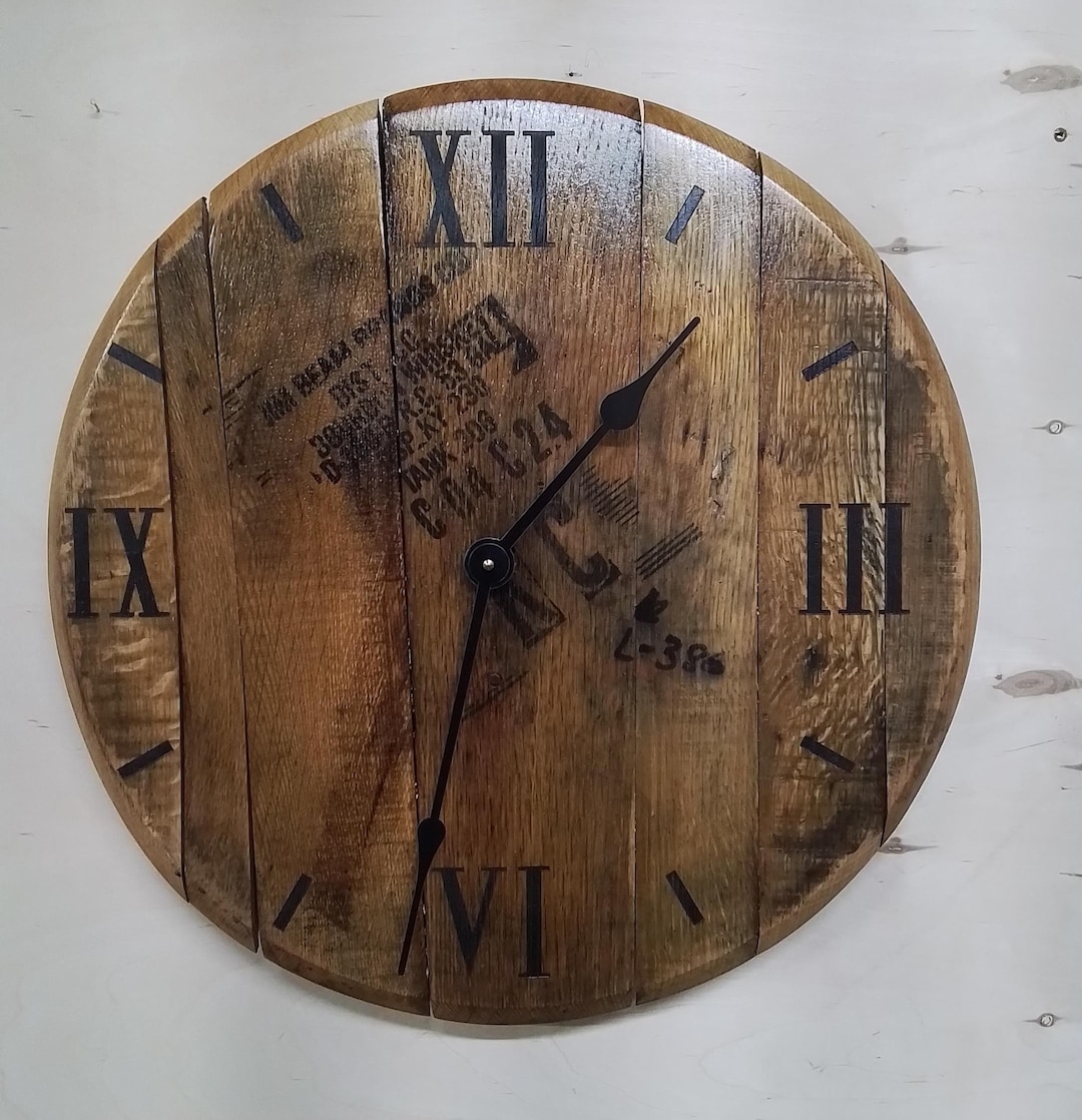 Stamped Bourbon Barrel Head Clock, Wood Wall Clock Etsy