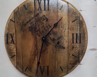 Stamped Bourbon barrel head clock, wood wall clock
