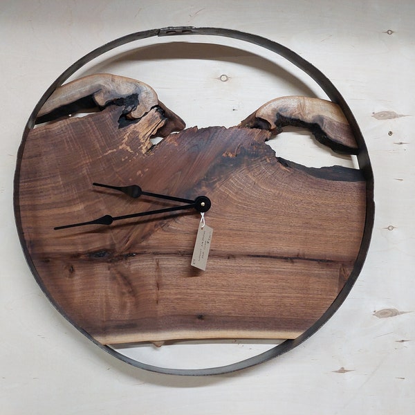 Wall clock,  whiskey barrel ring art, walnut live edge wall art, live edge clock