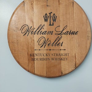 Engraved logo bourbon barrel top, bourbon barrel tray, lazy susan, wall art