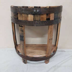 Wide skirt half round bourbon barrel end table, wood end table