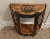 Engraved logo half round bourbon barrel end table, rustic end table