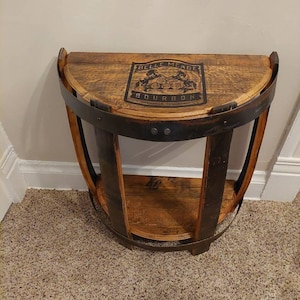 Engraved logo half round bourbon barrel end table, rustic end table