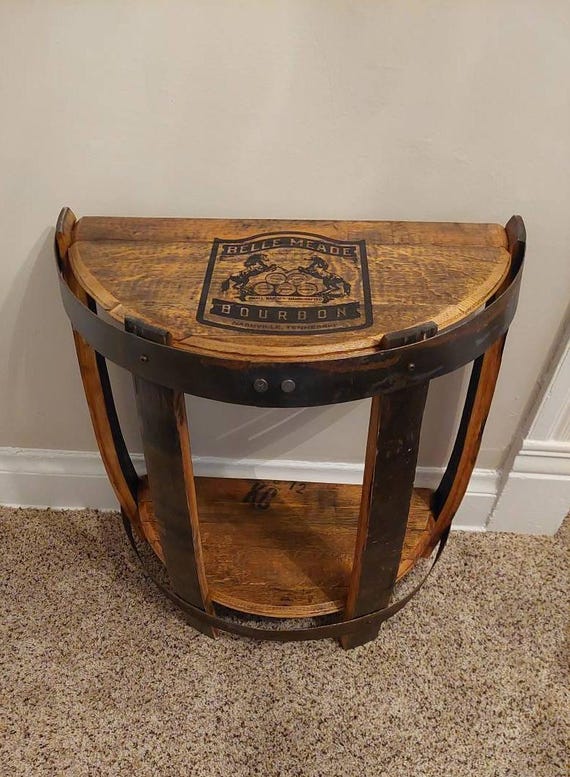Engraved logo half round bourbon barrel end table