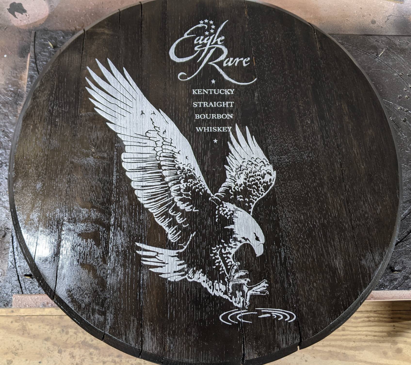 Engraved logo on stained black barrel top, bourbon barrel tray, lazy susan, wall art
