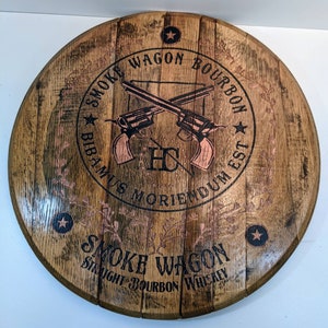 engraved color barrel top, bourbon barrel tray, lazy susan, wall art