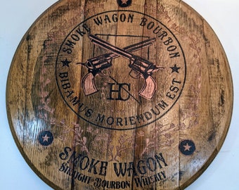 engraved color barrel top, bourbon barrel tray, lazy susan, wall art