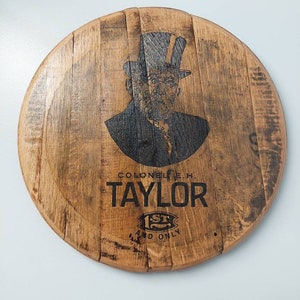 Engraved logo bourbon barrel head lazy susan, tray, or wall art