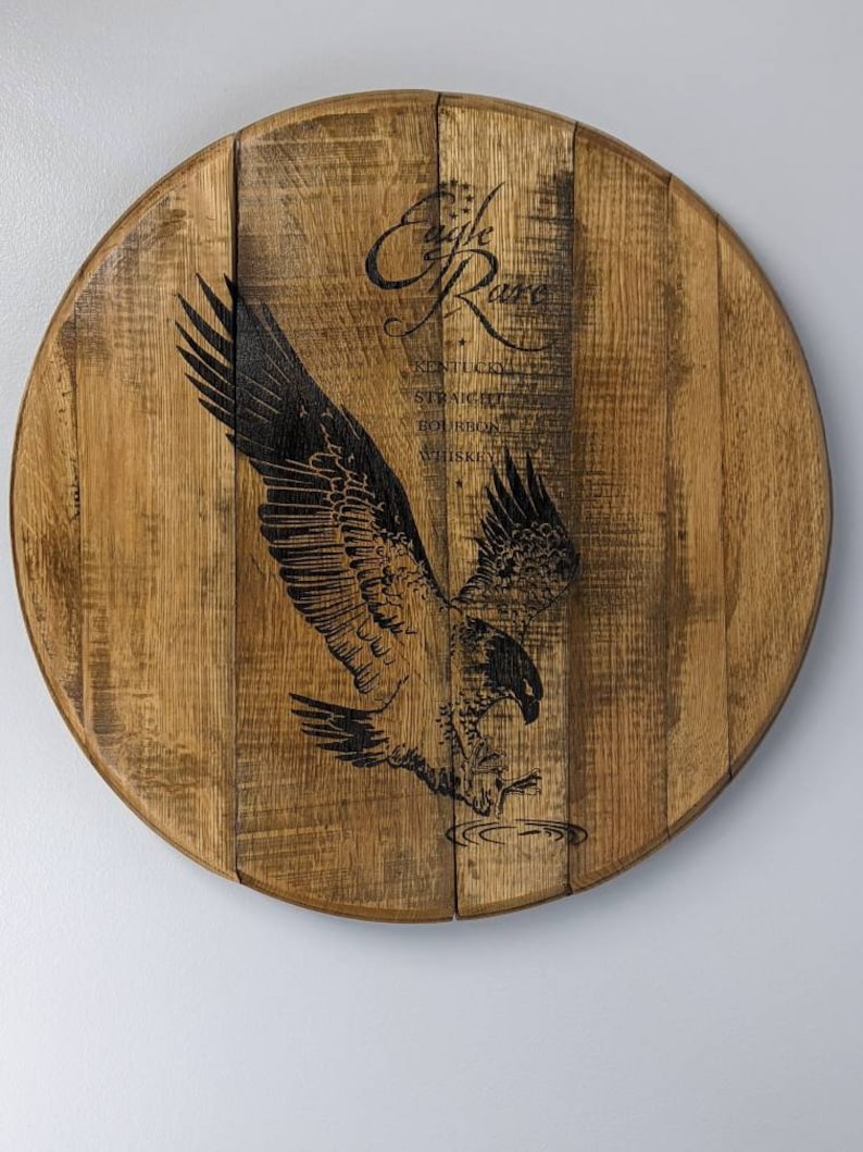 Logo engraved bourbon barrel lazy susan, tray, or wall shops art