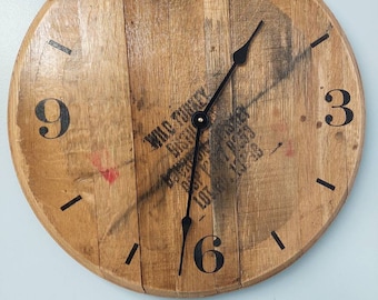 Stamped Bourbon barrel head clock, wood wall clock