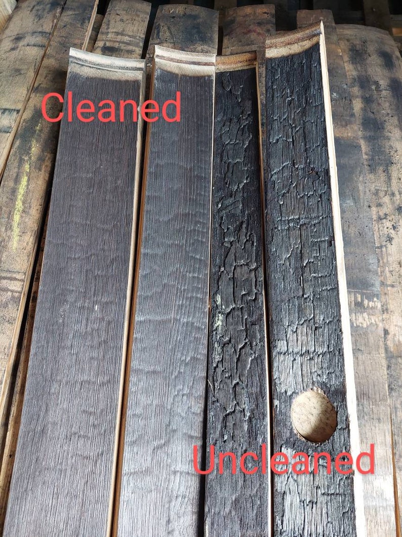 May include: Close-up of four wooden planks, two are charred and two are cleaned. The charred planks have a rough, uneven texture and a hole in one of them. The cleaned planks have a smooth, even texture. The text "Cleaned" is written on the left side of the image and "Uncleaned" is written on the right side of the image.