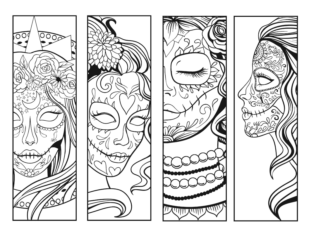 Set of 4 Coloring Bookmarks With Pretty Women Sugar Skulls- Book ...