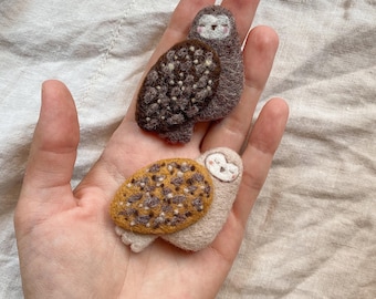Needle Felted Owl Brooch, Handmade Wool Forest Animal Pin