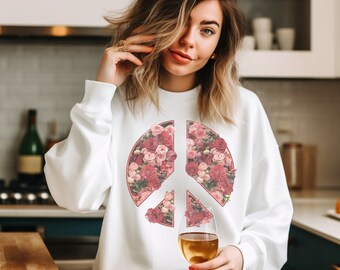 Floral peace sign graphic, Ladies Crewneck sweater