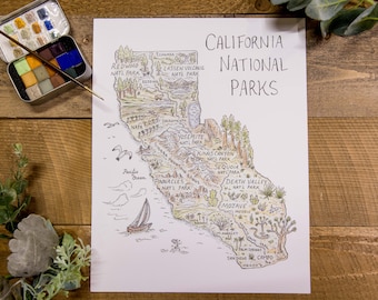 California National Parks Map Print | Watercolor Art