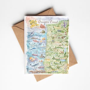 May include: A watercolor illustration of the Oregon Coast, featuring a map of the coastline with various landmarks and wildlife. The left side of the illustration depicts the Pacific Ocean with sea life, while the right side shows the coastal forests and mountains. The text "Oregon Coast" is written at the top of the illustration.