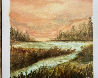 Sunset Over the Marsh Watercolor