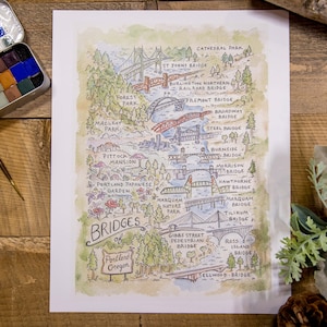Könnte beinhalten: Eine Aquarell-Illustration der Brücken von Portland, Oregon. Die Illustration ist im skurrilen Stil gehalten und enthält die Namen der einzelnen Brücken. Die Illustration ist von einem grünen Rand umgeben.